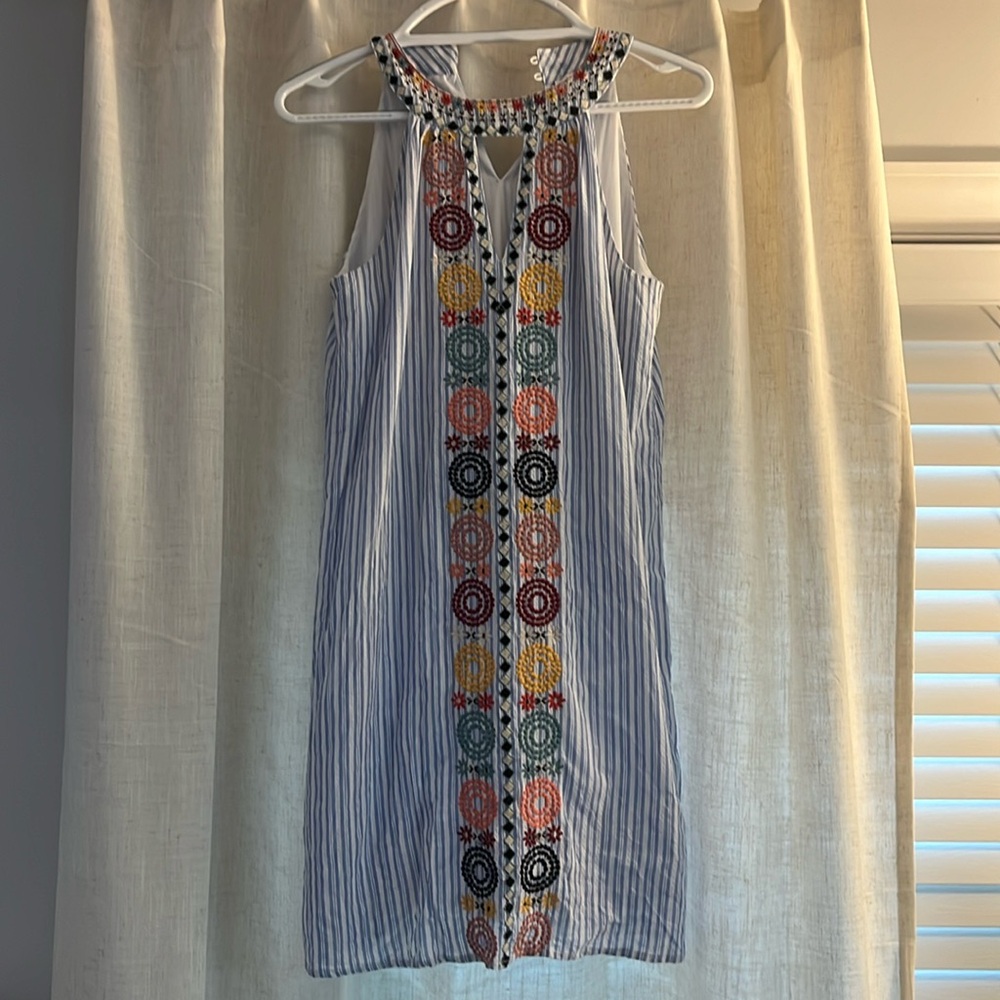 THML S blue and white striped dress with embroidered design
